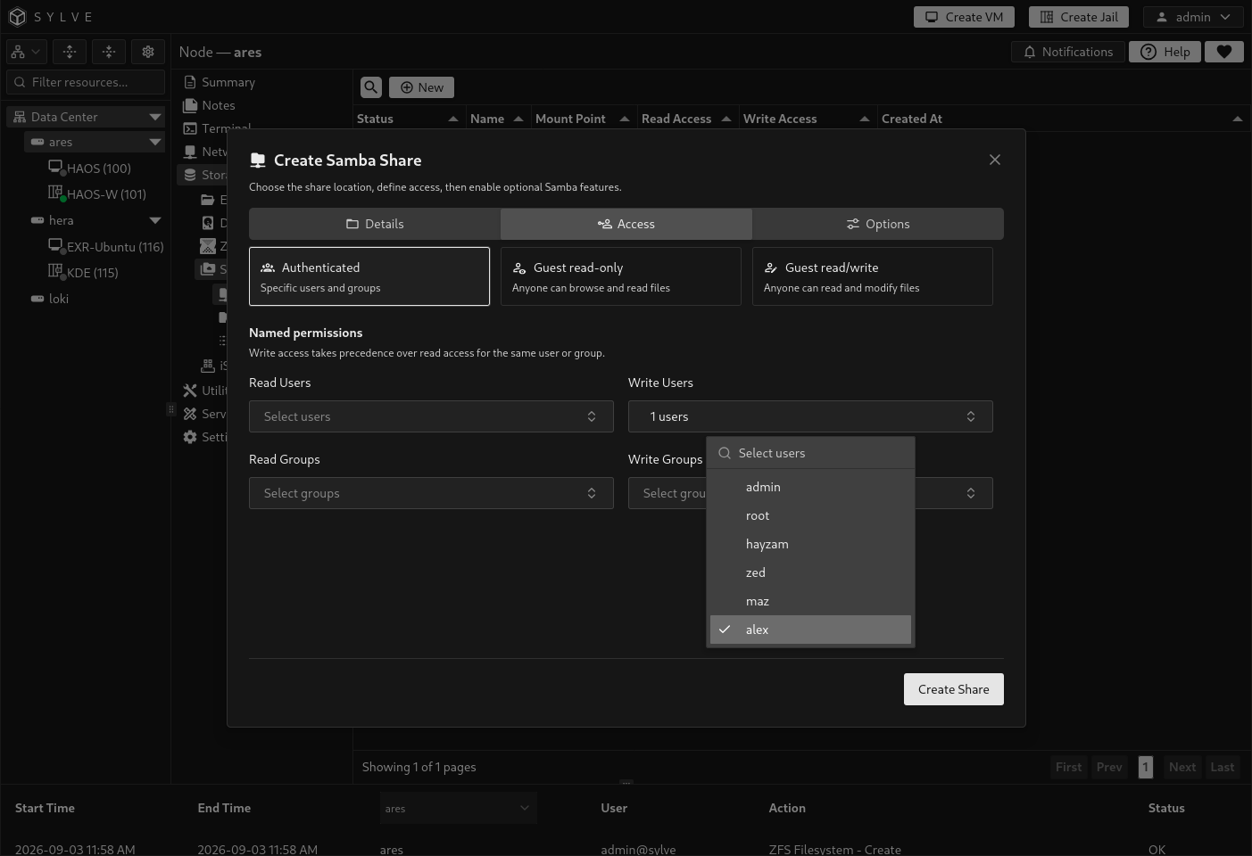 Create Samba Share dialog on the Access tab with Authenticated access selected and alex selected as the only write user