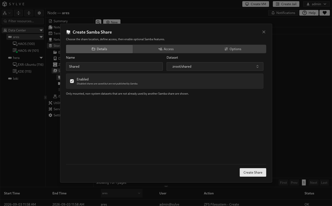 Create Samba Share dialog on the Details tab with Shared as the name, zroot/shared as the dataset, and the share enabled