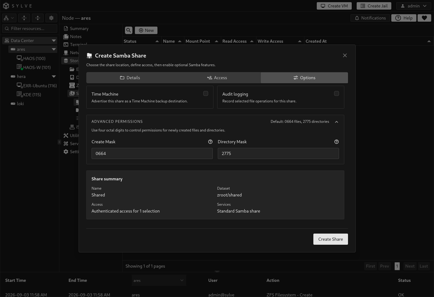Create Samba Share Options tab with Time Machine and auditing disabled, default permission masks, and the Shared authenticated-share summary