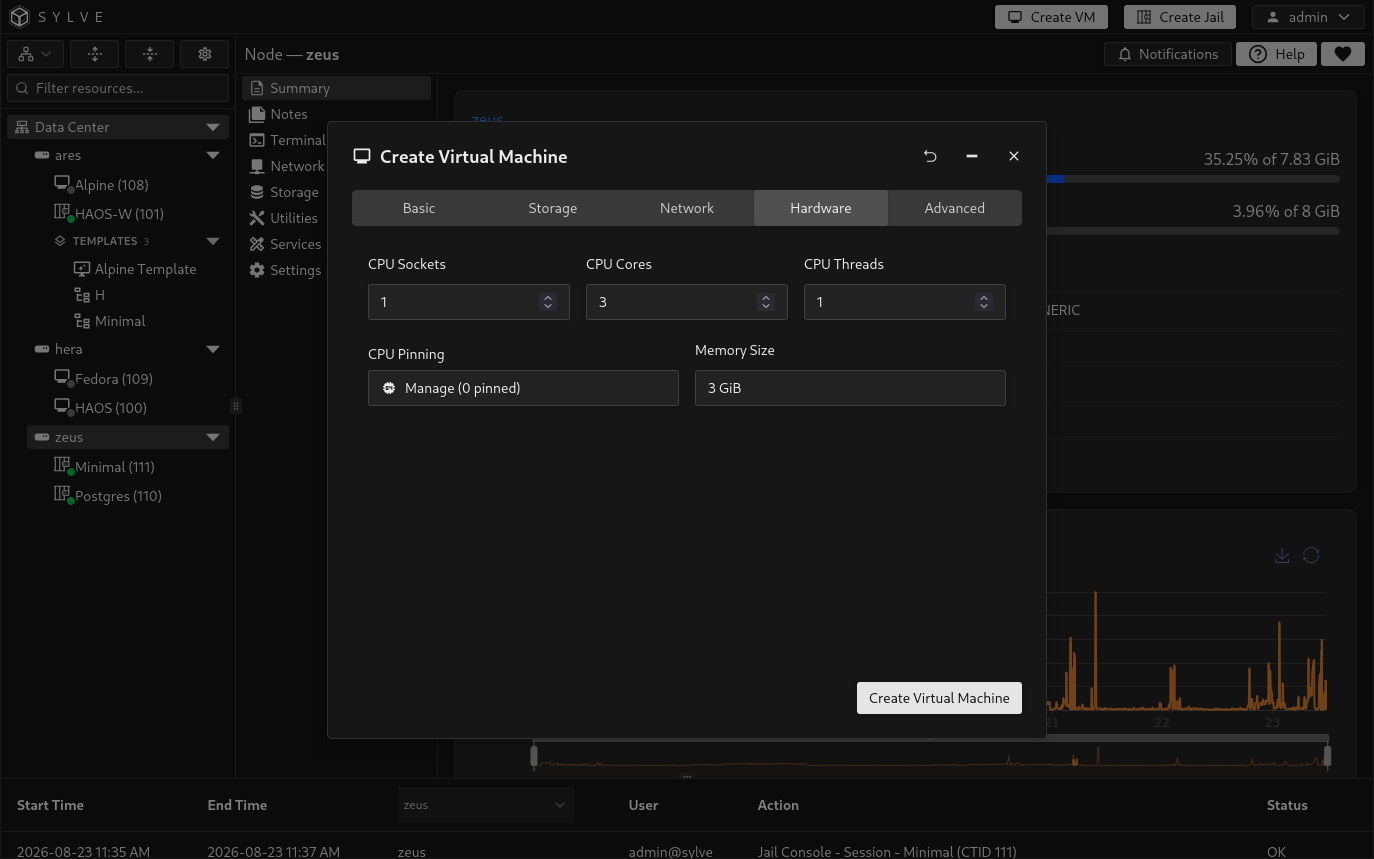 Create VM wizard Hardware tab with one socket, three cores, one thread, 3 GiB of memory, and no CPU pins or PCI passthrough devices