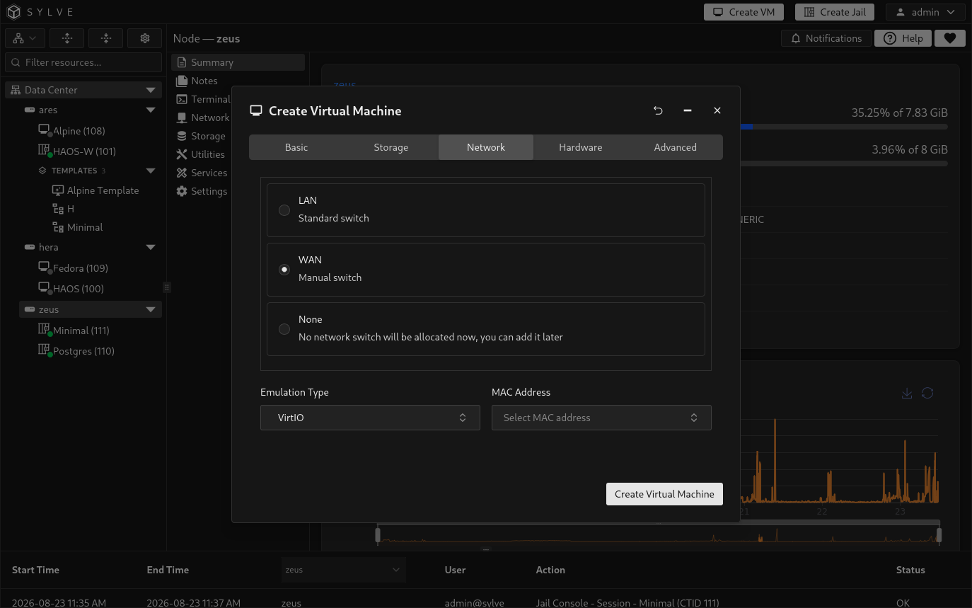Create VM wizard Network tab with WAN selected, VirtIO emulation, and no manually selected MAC address