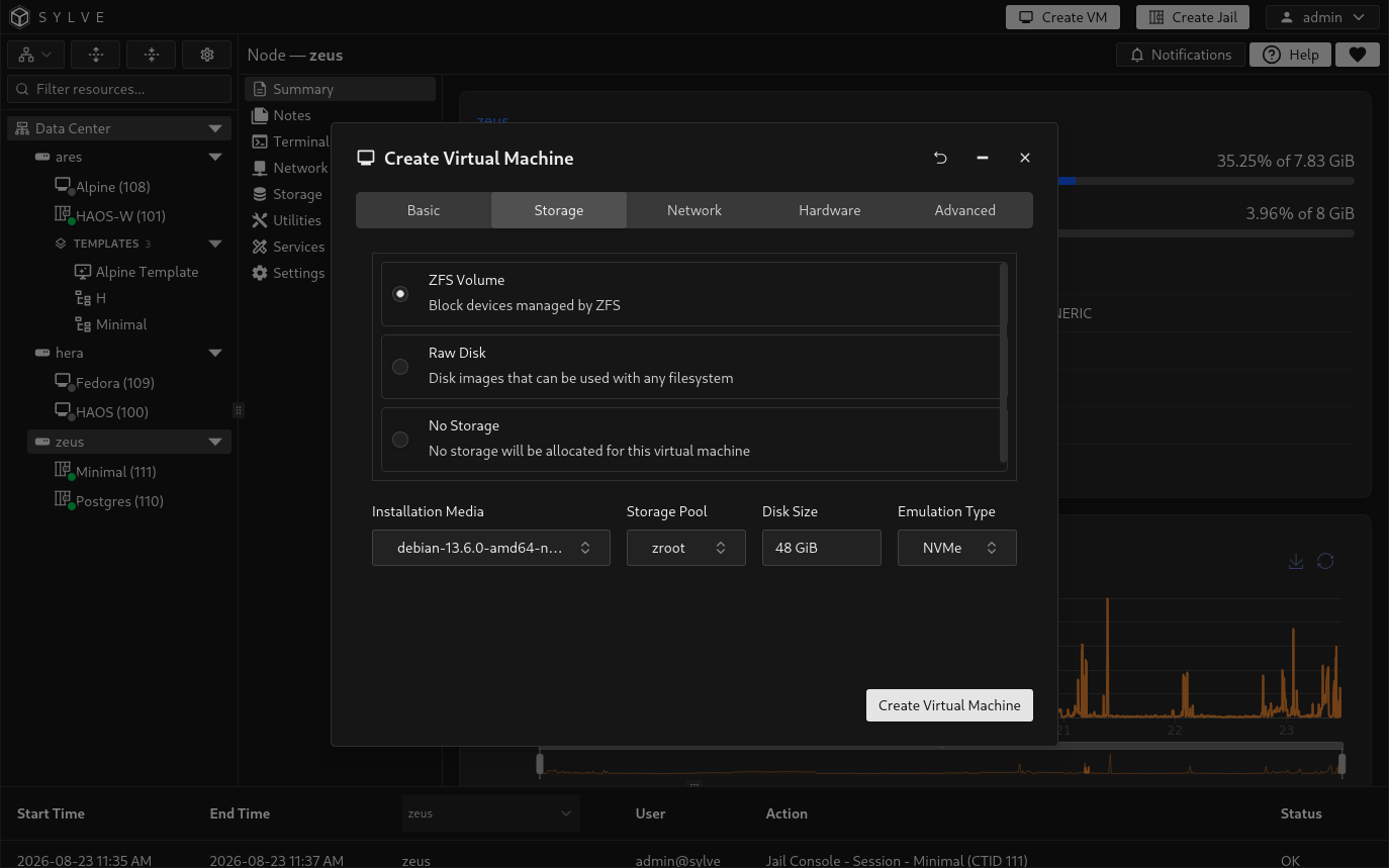 Create VM wizard Storage tab with ZFS Volume, the Debian 13.6 netinst ISO, a selected pool, a 48G disk, and NVMe emulation