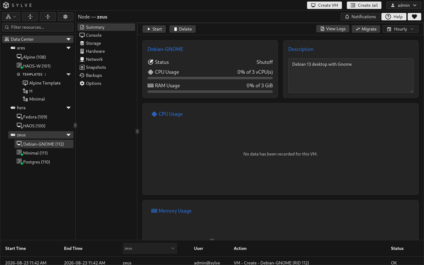 Newly created Debian GNOME VM summary before its first start
