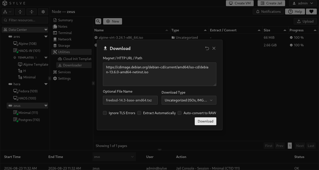 New Download dialog containing the Debian 13.6 amd64 netinst URL, Uncategorized selected, and all processing options disabled