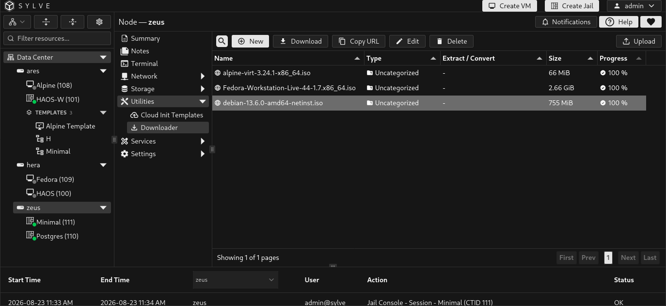 Downloader table showing debian-13.6.0-amd64-netinst.iso in the Done state