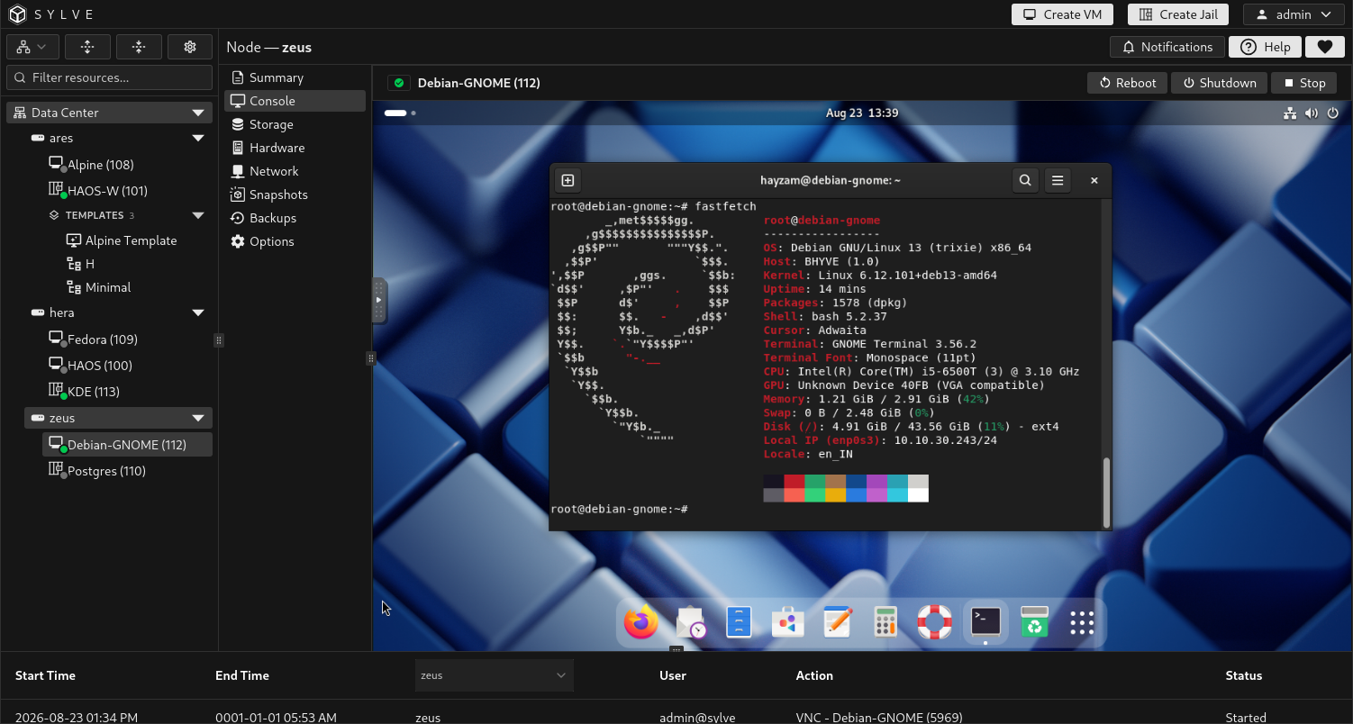 Sylve VNC console showing the first successful Debian GNOME desktop login