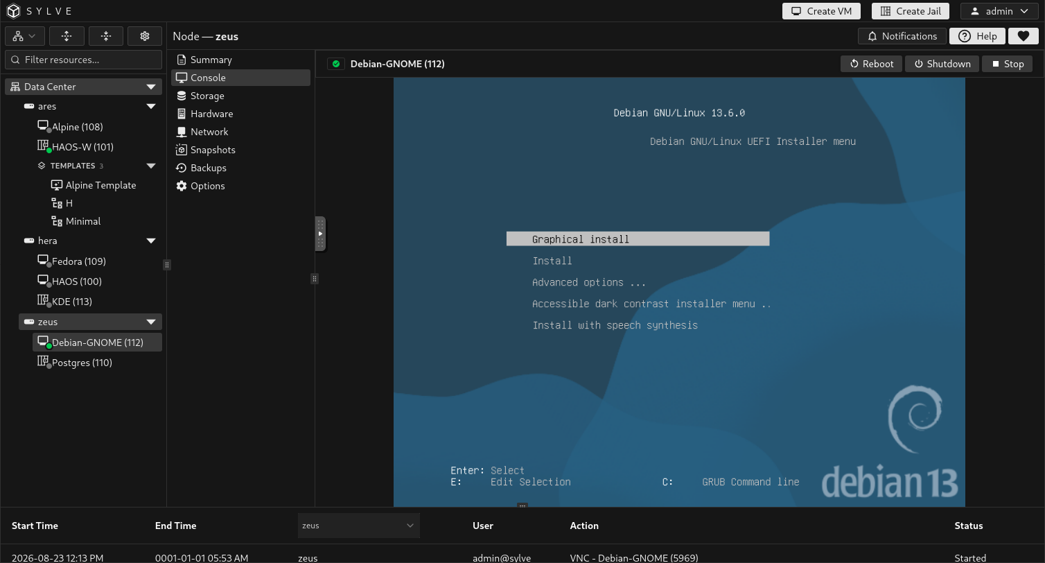 Sylve VNC console showing the Debian installer boot menu with Graphical install selected