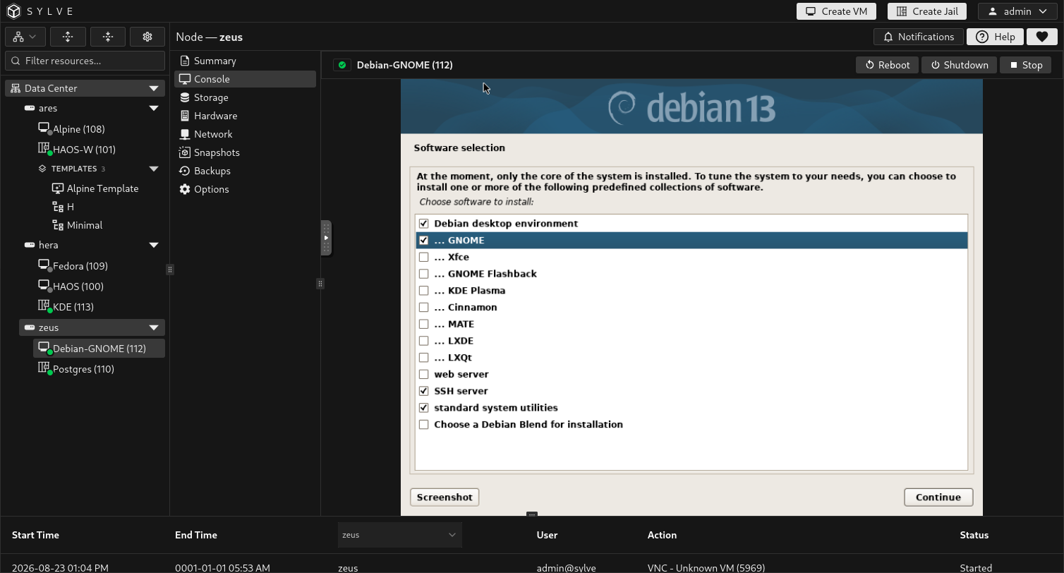 Debian Software selection screen with Debian desktop environment, GNOME, and standard system utilities selected