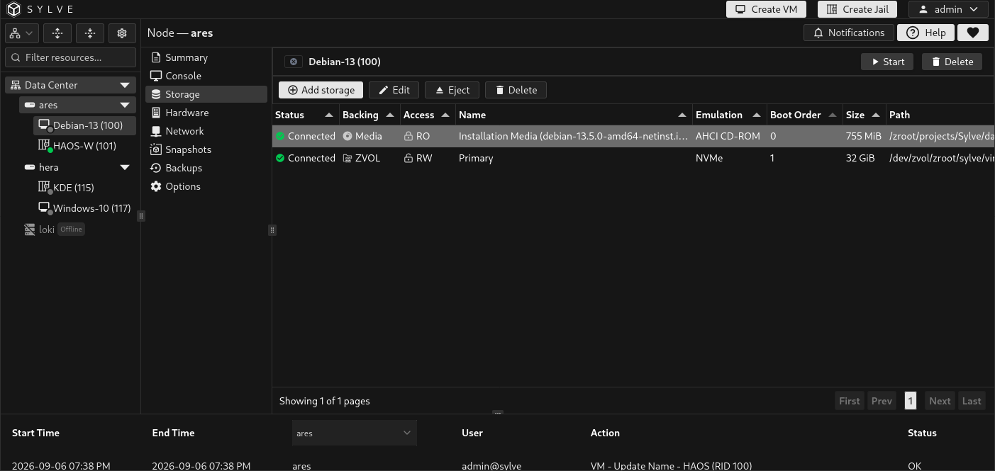 Storage page for the shut-off Debian-13 VM with connected read-only Debian installer media selected and the Eject action visible, alongside a connected writable 32 GiB ZVOL disk