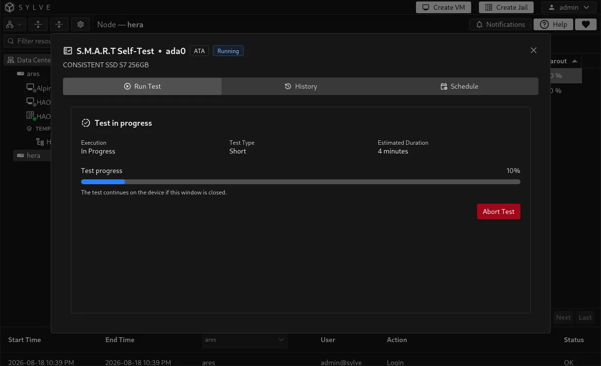 S.M.A.R.T. test dialog showing an in-progress test with execution state, estimated duration, and progress