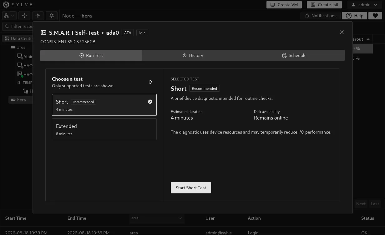 S.M.A.R.T. test dialog with a Short test selected and its estimated duration and disk availability shown