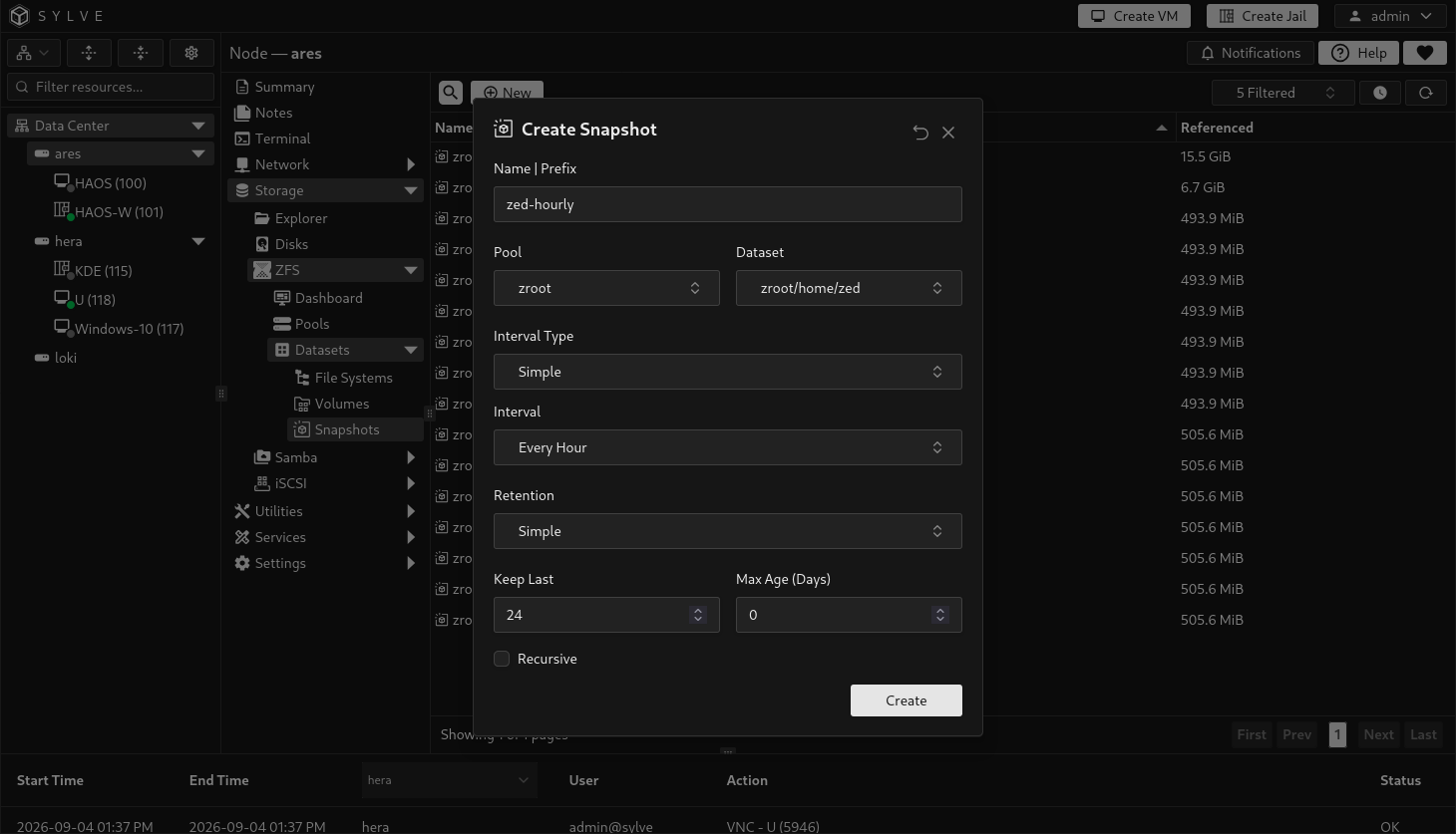 Create Snapshot dialog for zroot/home/zed with an hourly schedule, Simple retention keeping the latest 24 snapshots, and Recursive disabled