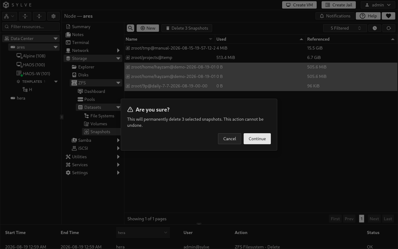 Sylve confirmation dialog warning that selected ZFS snapshots will be permanently deleted