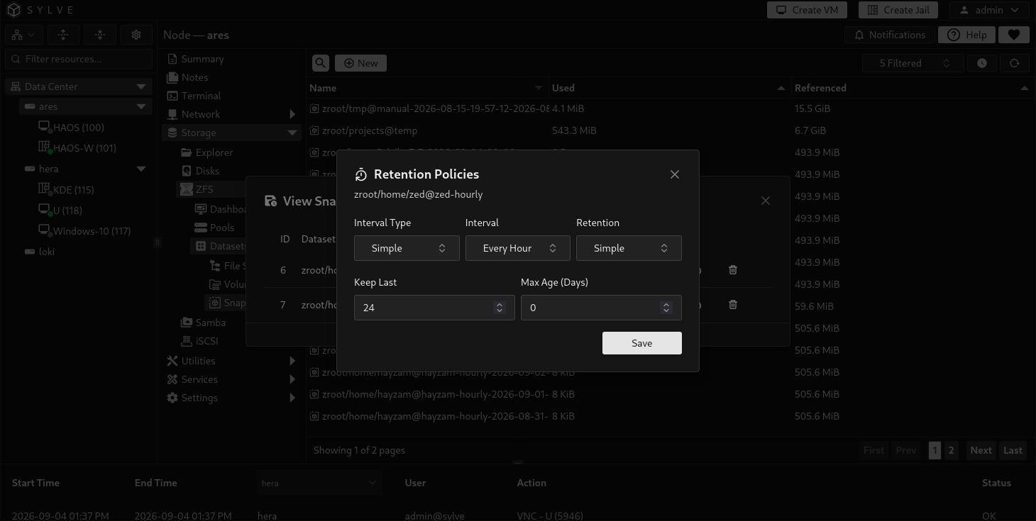 Retention Policies dialog for an hourly snapshot job using Simple retention to keep the latest 24 snapshots while the jobs dialog remains visible behind it