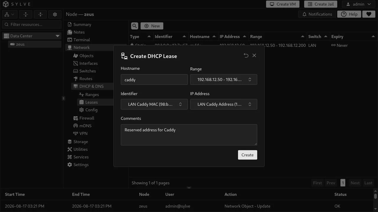 A complete IPv4 static DHCP lease form for caddy
