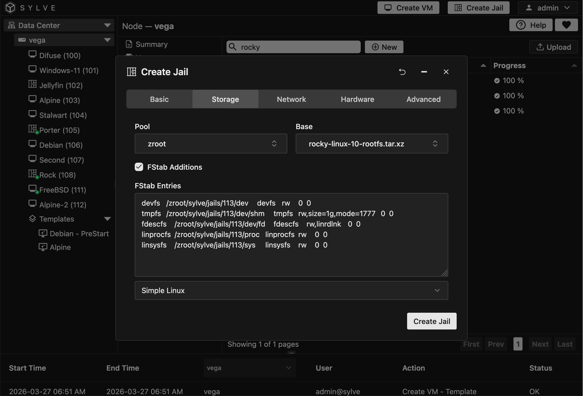 Create Jail Storage tab with a Rocky Linux root filesystem selected and the Simple Linux fstab preset generating compatibility mounts