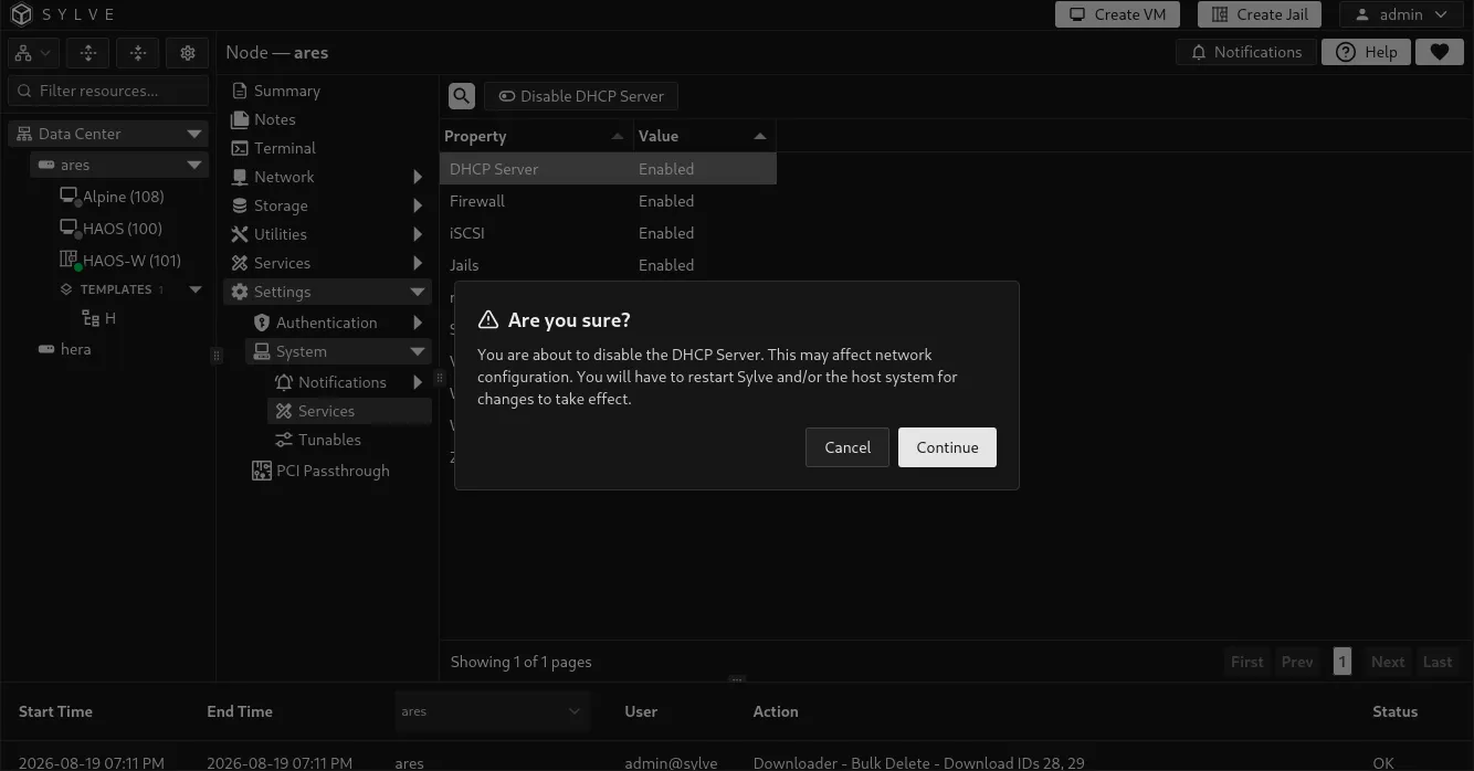 Services confirmation dialog before enabling a node service