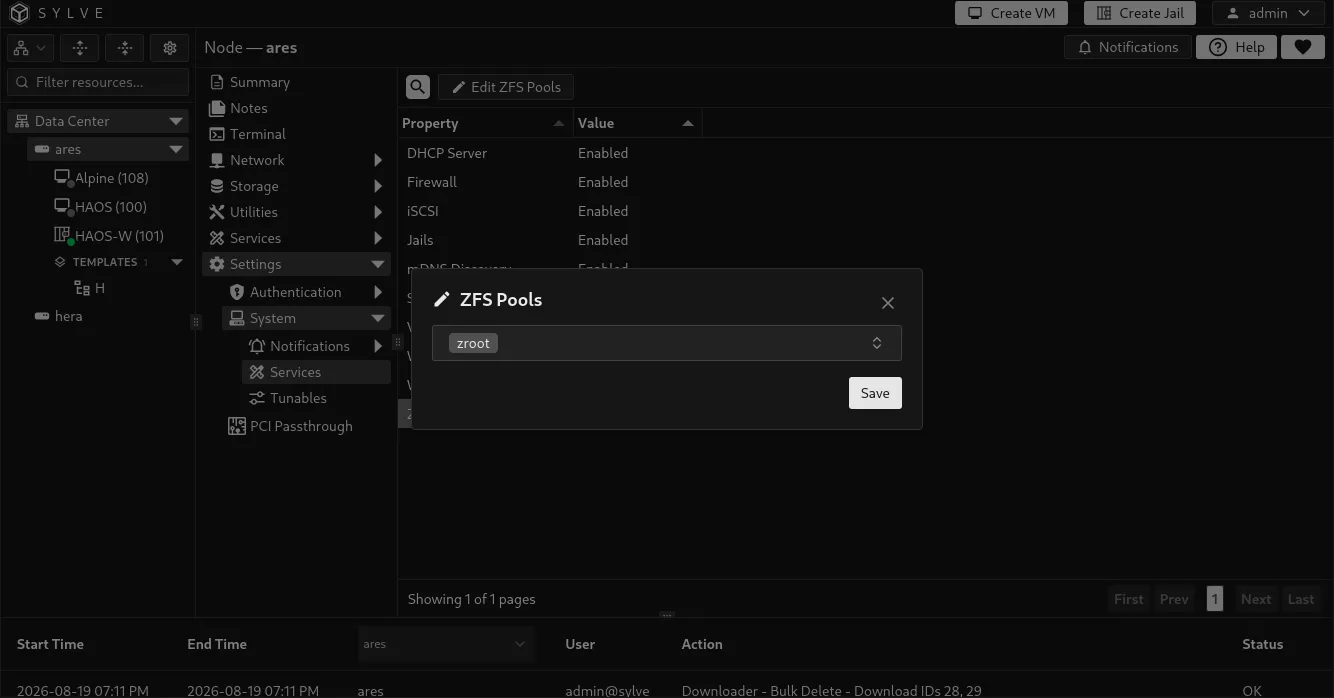 ZFS Pools edit dialog showing the available pool selection
