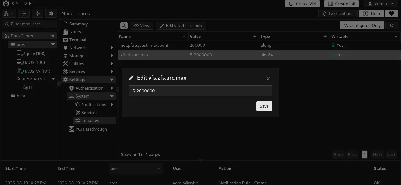 Edit Tunable dialog for a writable FreeBSD sysctl value