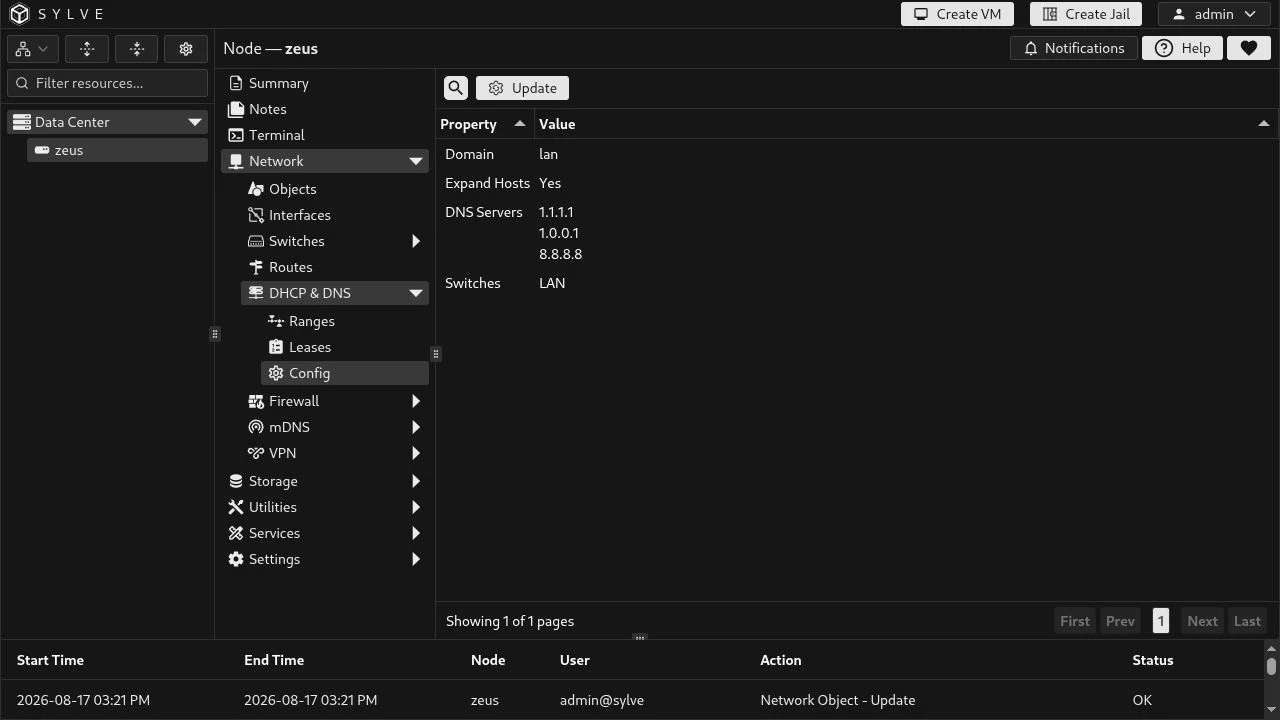 DHCP and DNS Configuration table showing the LAN switch, lan domain, Expand Hosts, and DNS servers