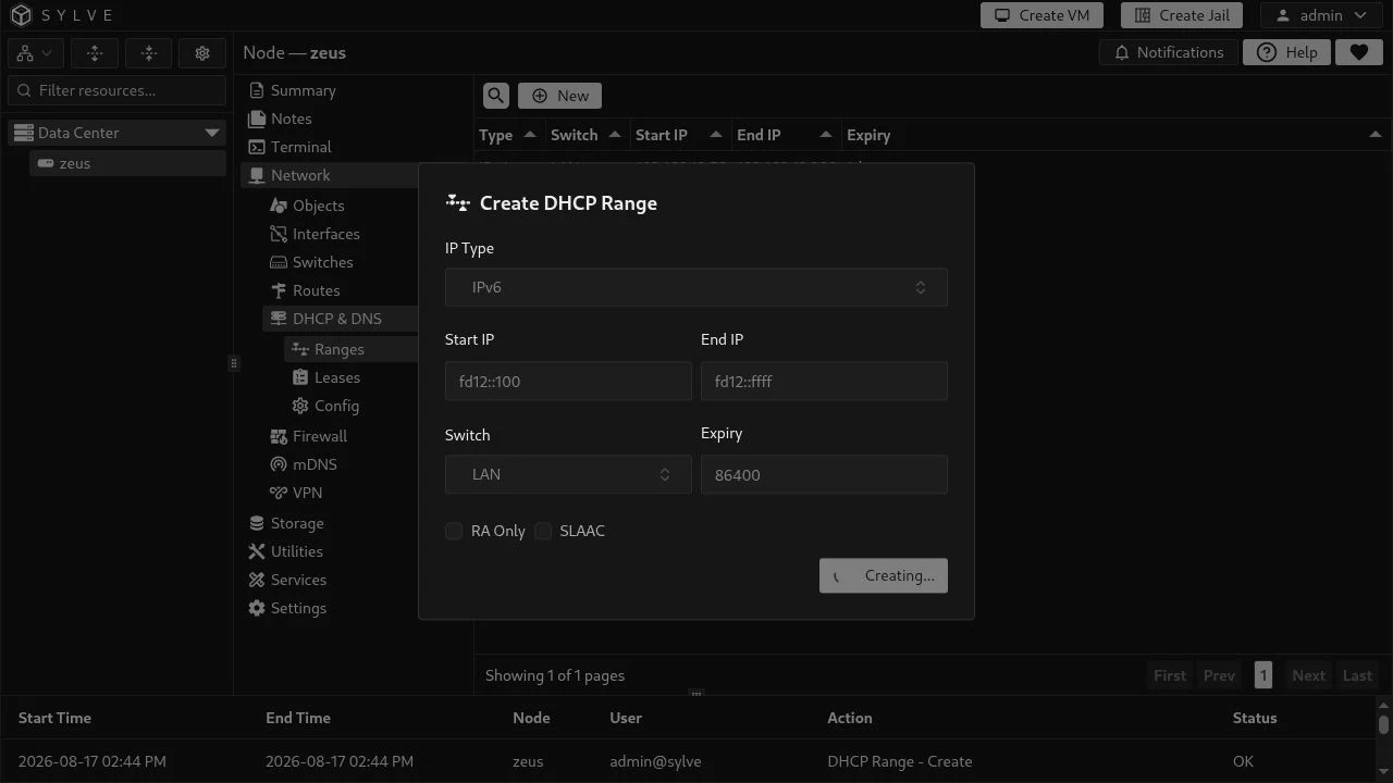 DHCP range table showing the LAN IPv4 and IPv6 ranges