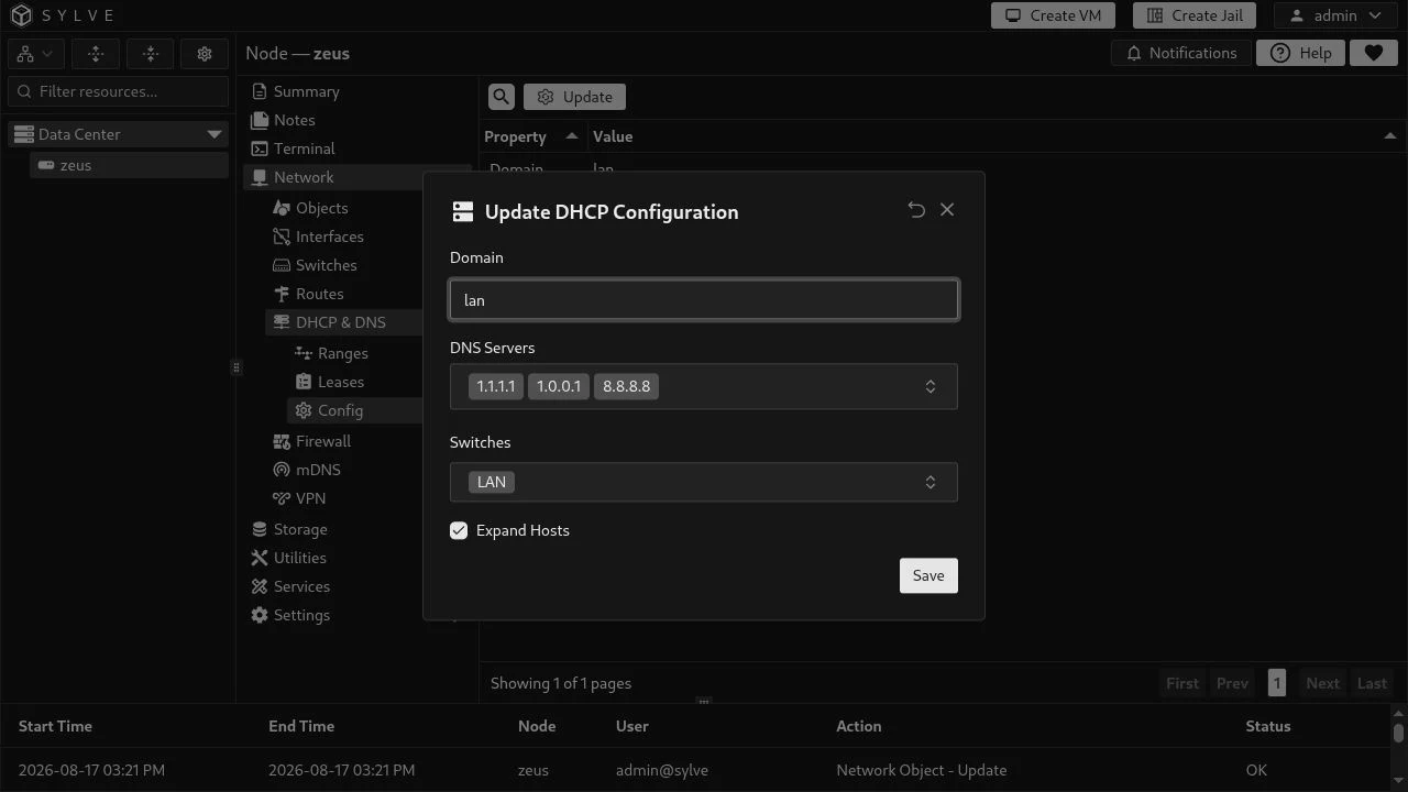 Update DHCP Configuration dialog with domain lan, three DNS servers, LAN selected, and Expand Hosts enabled