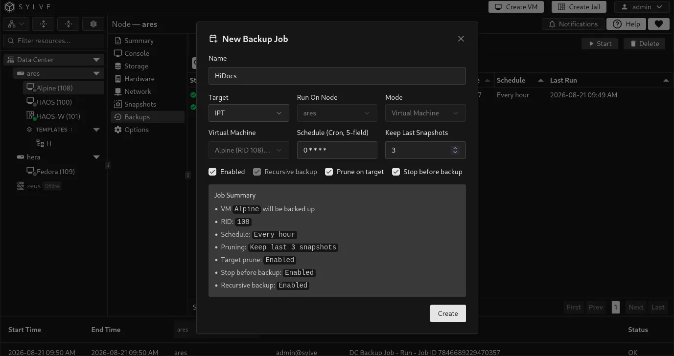 VM-scoped backup job form with the current VM selected, target, schedule, retention, and Stop before backup