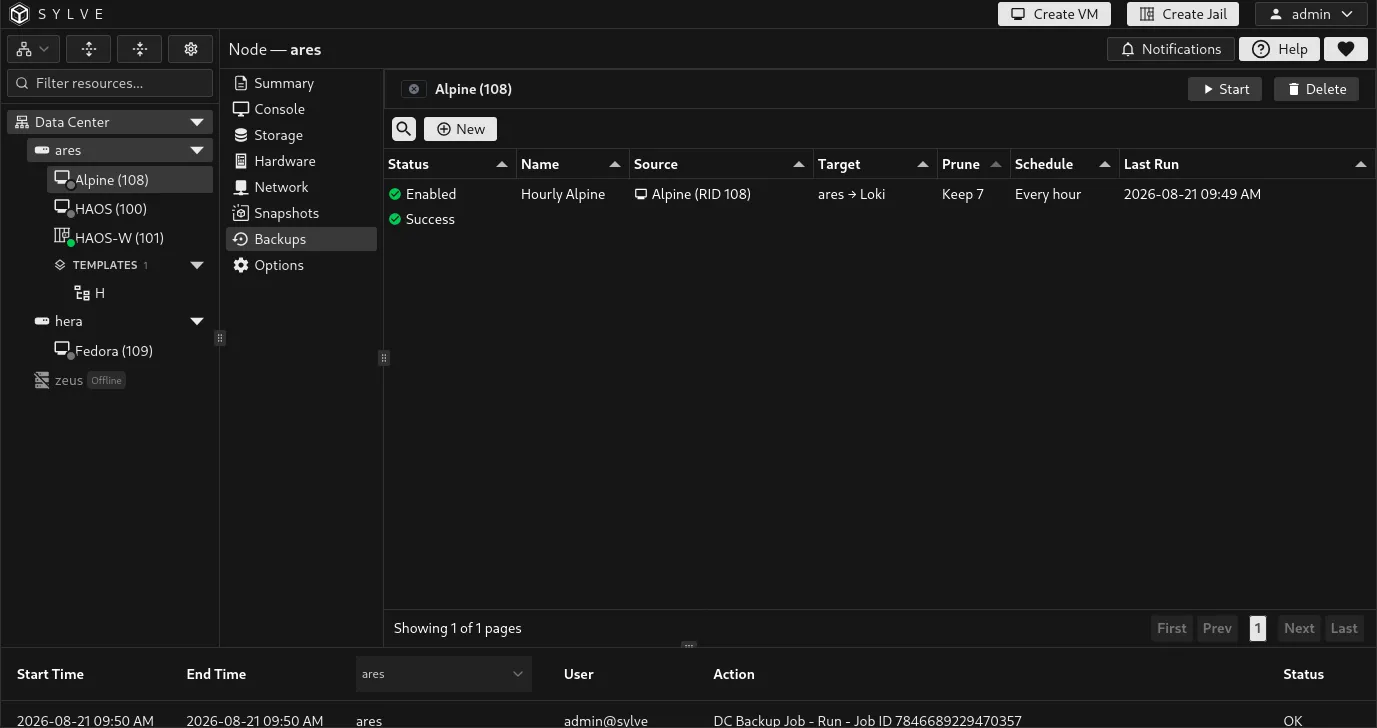 VM-scoped Backups tab showing a job’s status, source, target, retention, schedule, and last run