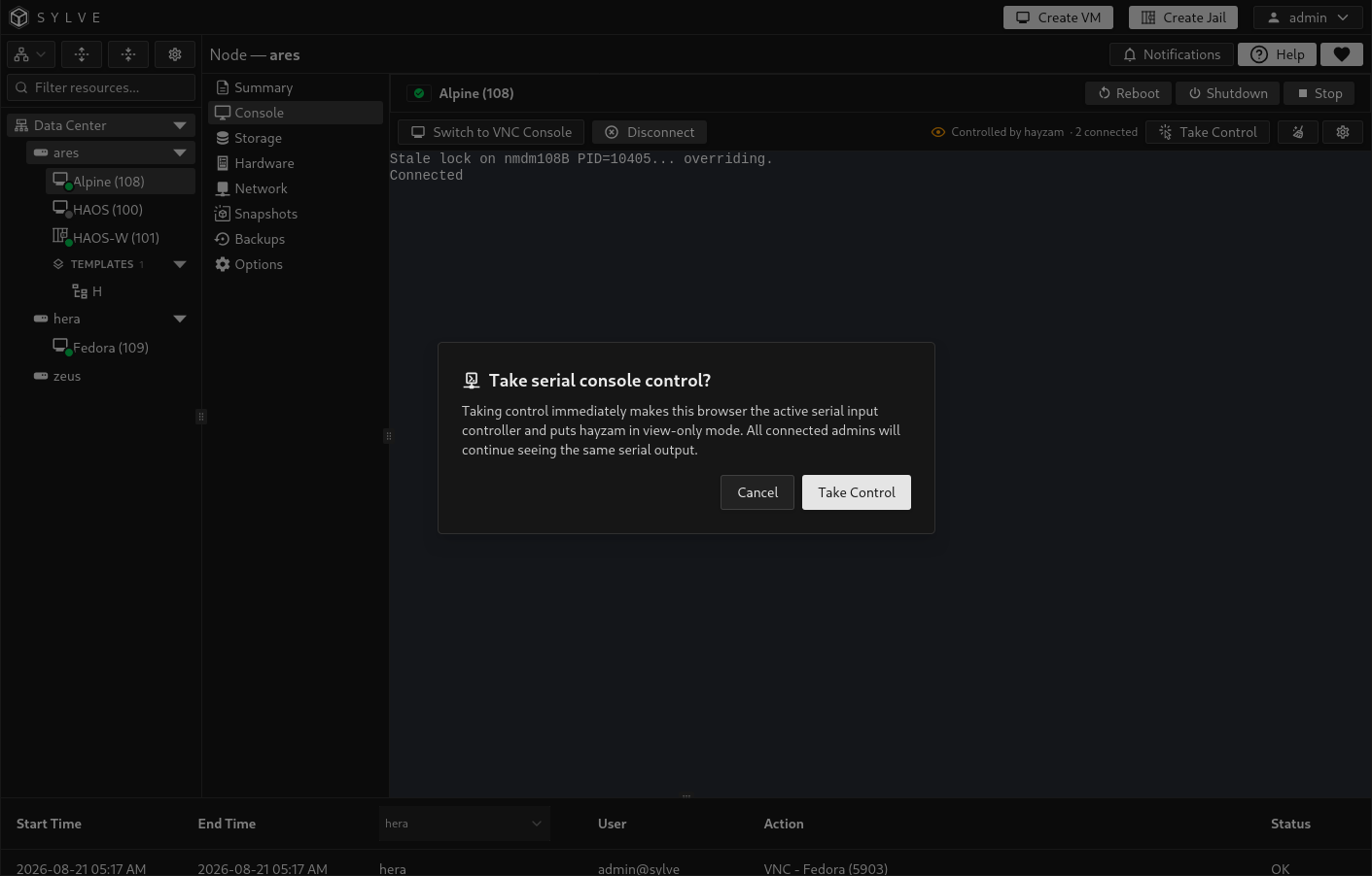 View-only serial console session identifying the active controller and offering the Take Control action