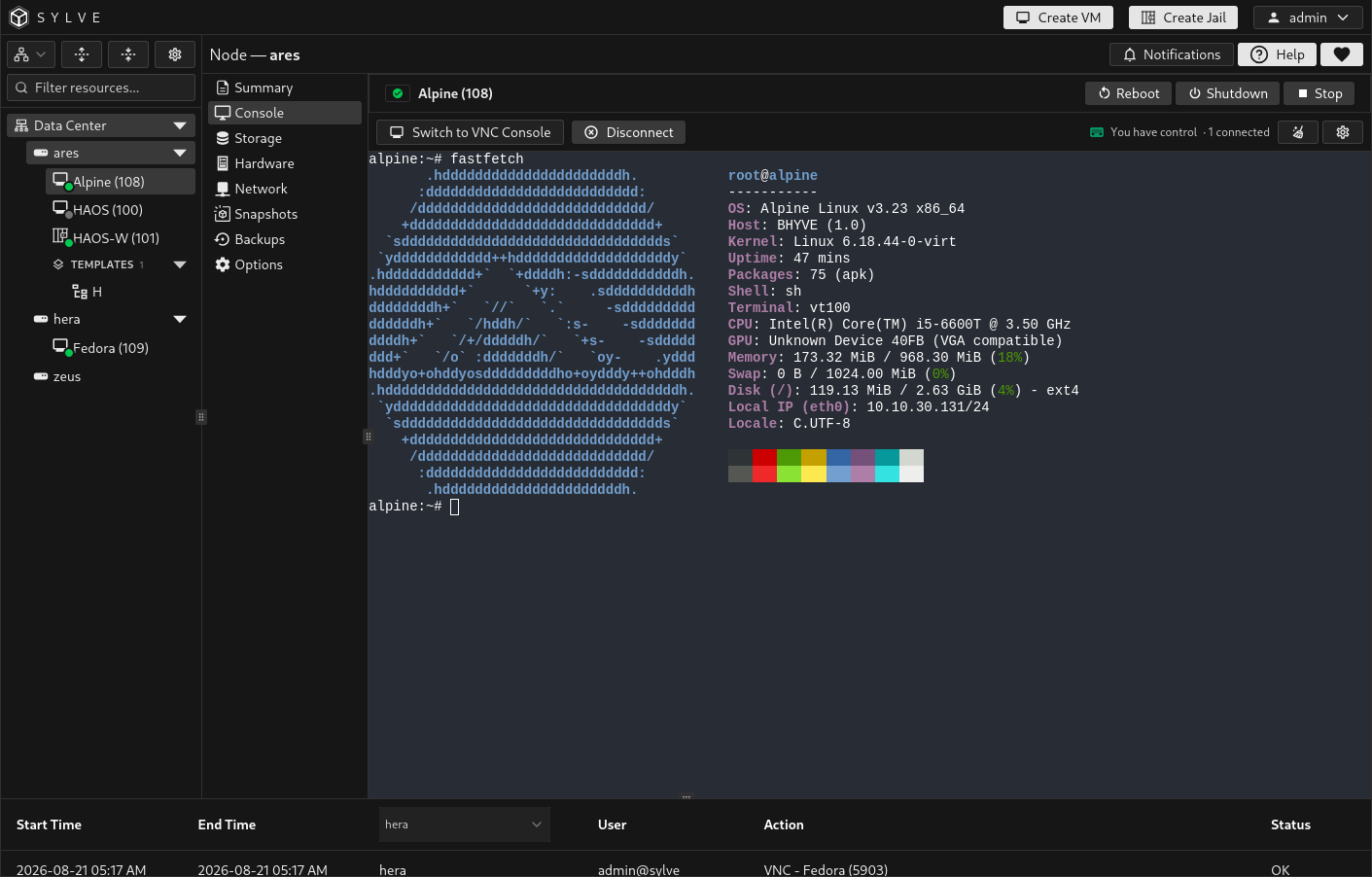 Connected serial console showing guest output and controls to disconnect, clear the terminal, and open settings