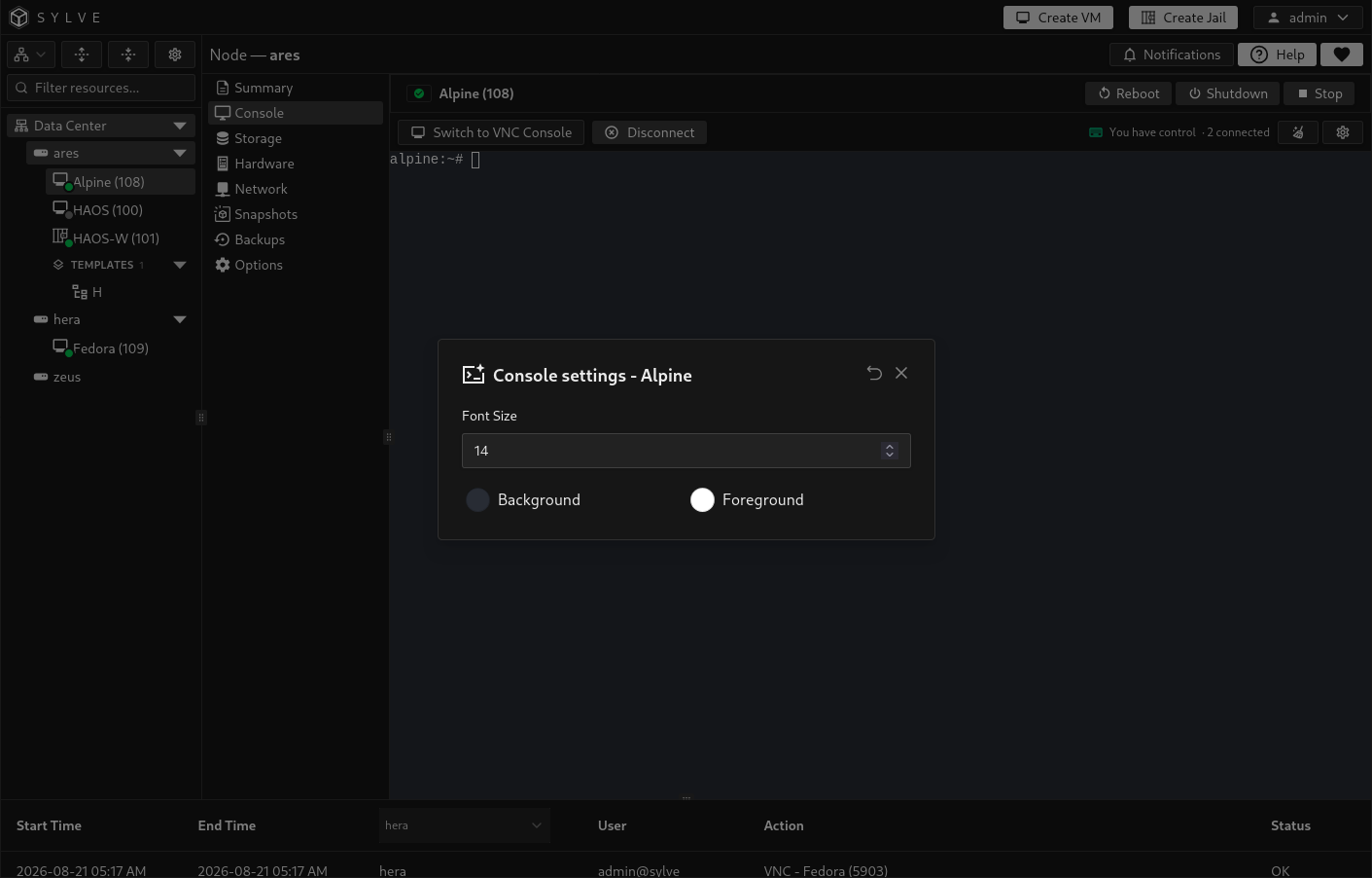Serial-console settings dialog with font-size, background-colour, and foreground-colour controls