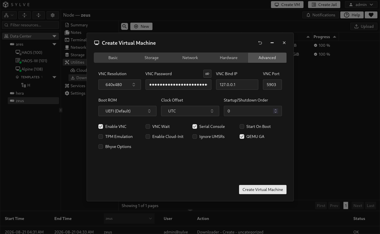 Create VM wizard on an AMD64 node showing VNC, UEFI firmware, clock, and startup settings