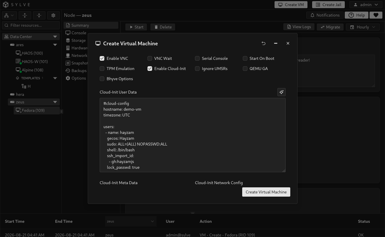 Cloud-Init enabled in the VM creation wizard with a selected template and populated user, metadata, and network configuration