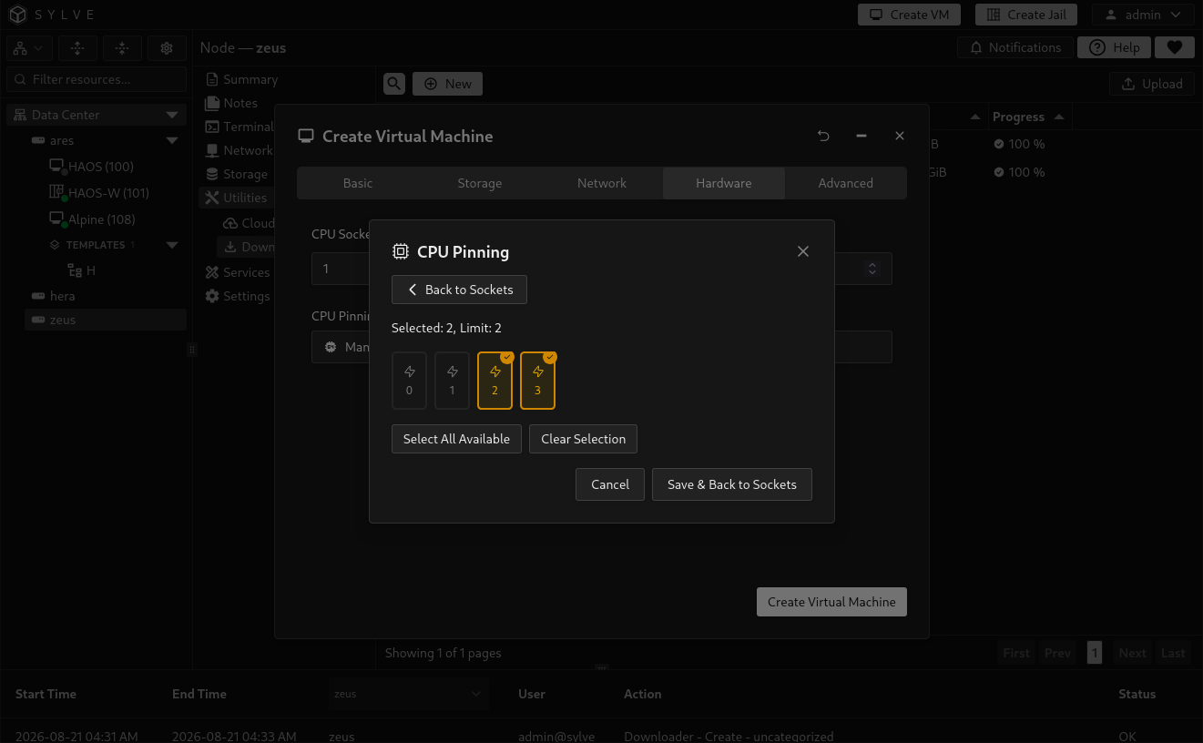 CPU Selector showing host CPU threads selected for VM pinning