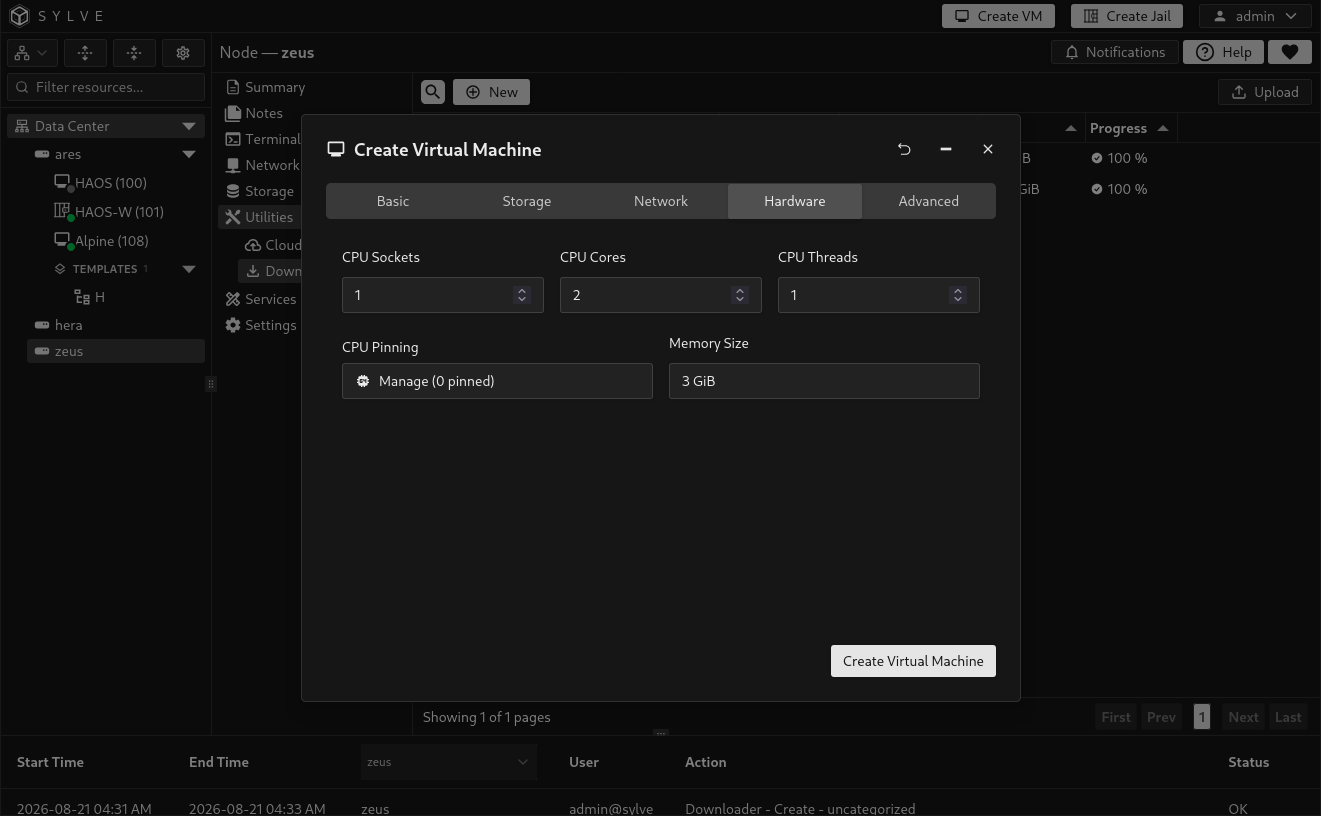 Create VM wizard on the Hardware tab with CPU topology, memory allocation, and an available PCI passthrough device