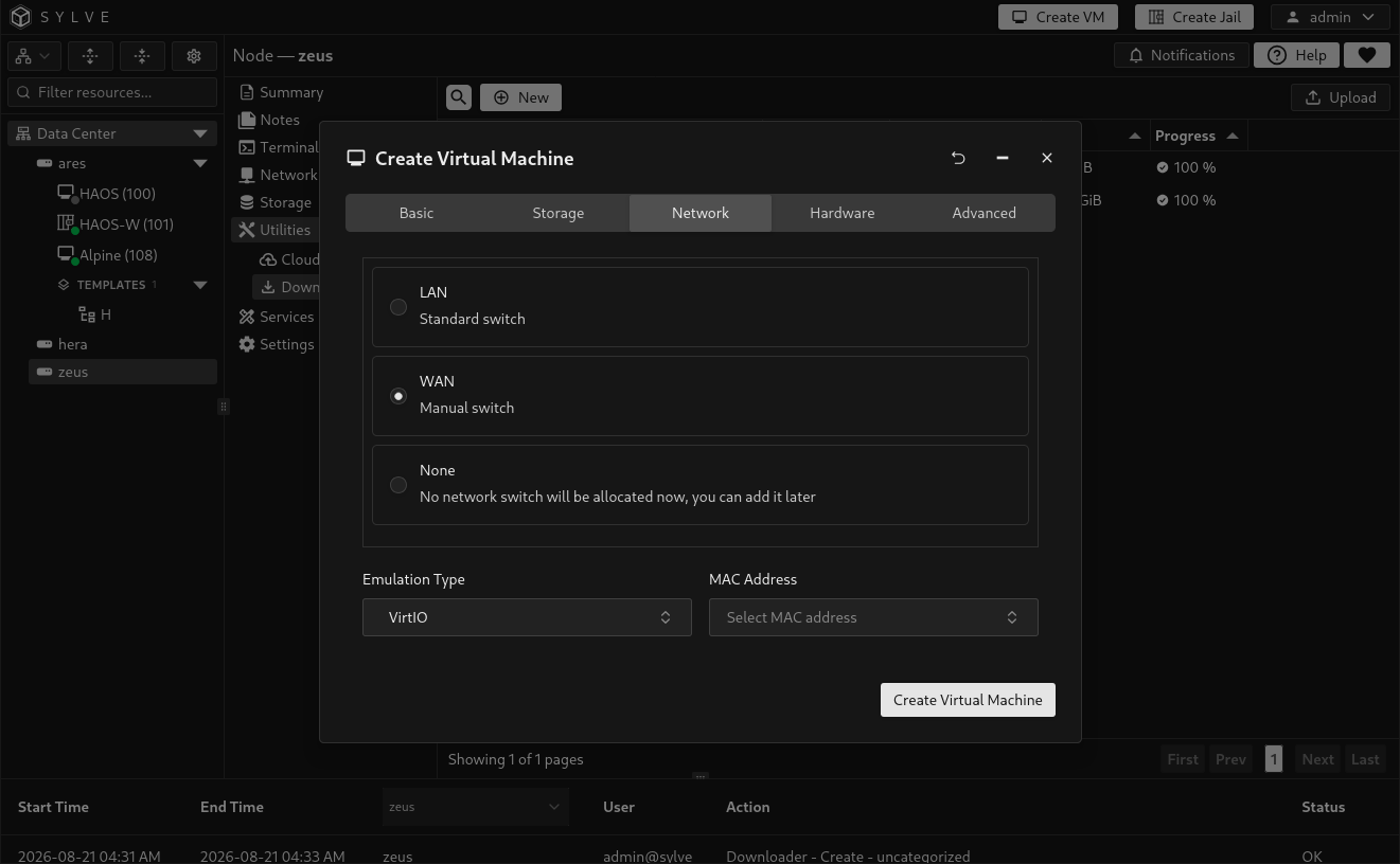 Create VM wizard on the Network tab with a selected Standard Switch, VirtIO emulation, and managed MAC-address selector