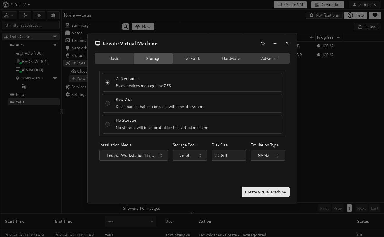 Create VM wizard on the Storage tab with a ZFS volume, selected pool, NVMe disk emulation, and installation media