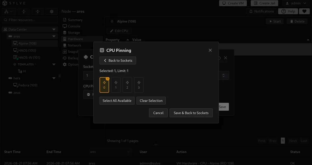 CPU Selector assigning individual guest vCPUs to host logical CPUs