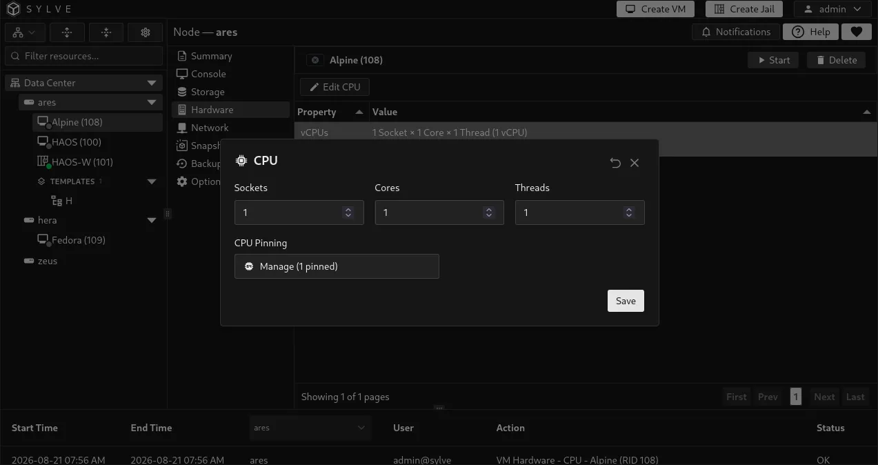 CPU topology editor showing sockets, cores, and threads for a VM