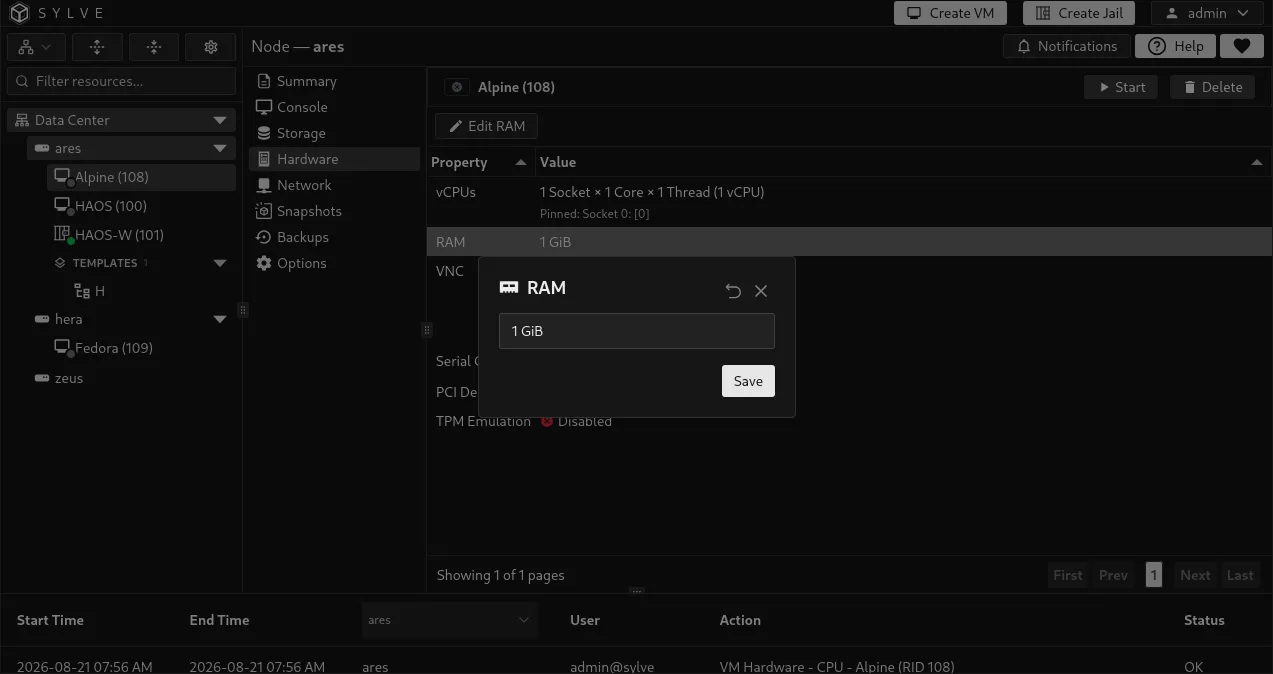 RAM editor setting the VM memory allocation in MiB
