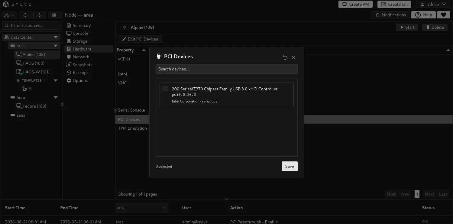 PCI device picker showing prepared passthrough hardware and its assignment status