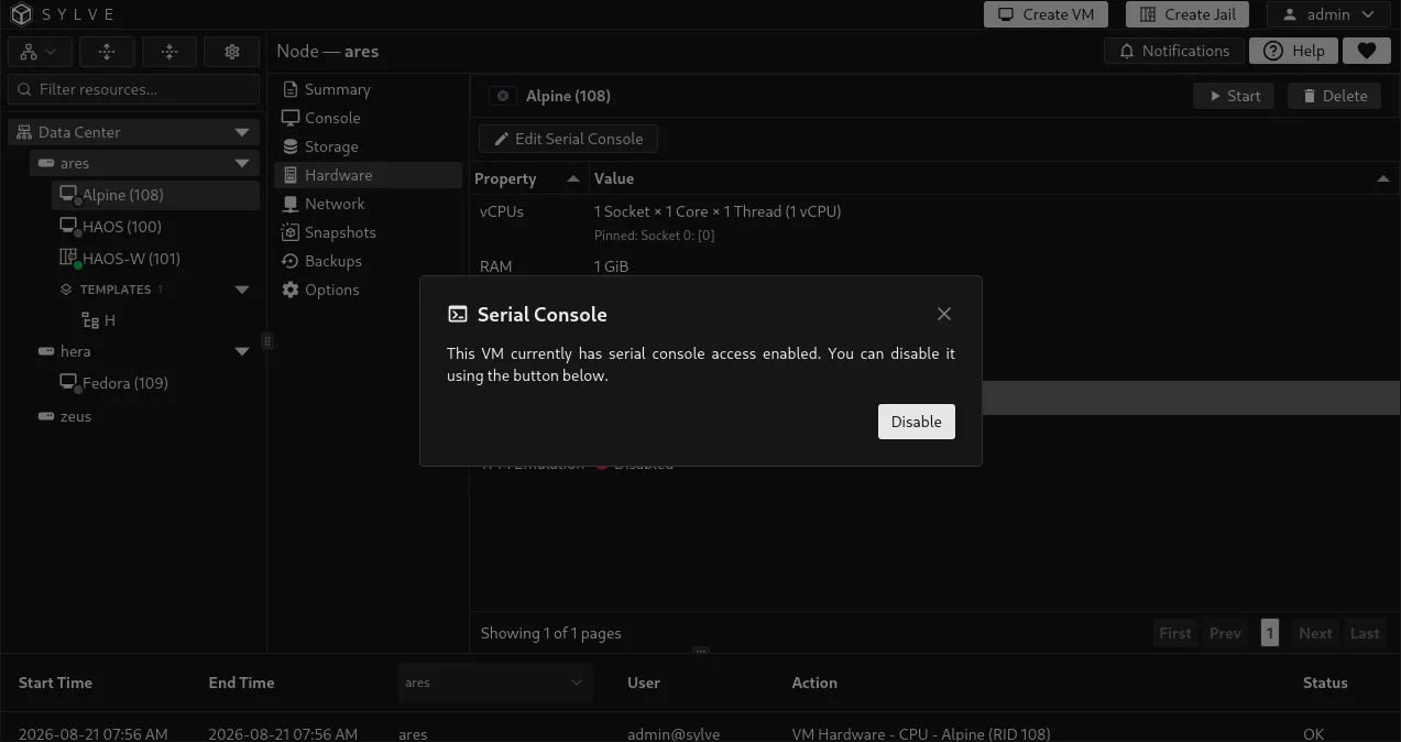 Serial Console confirmation dialog for enabling the VM serial device