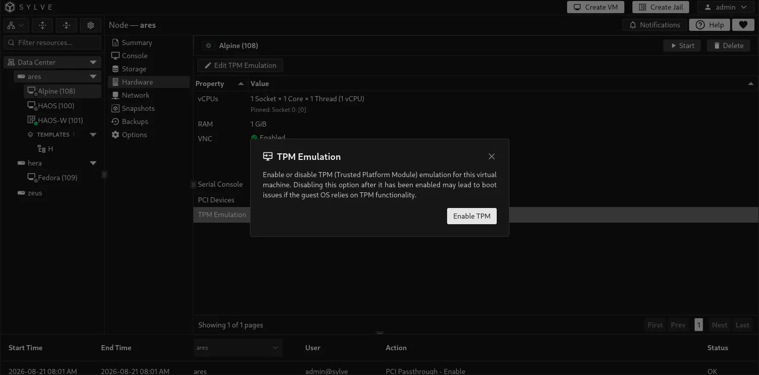 TPM Emulation confirmation dialog for a virtual machine