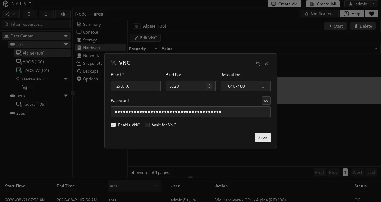 VNC editor with bind address, port, resolution, password, and Wait for VNC enabled