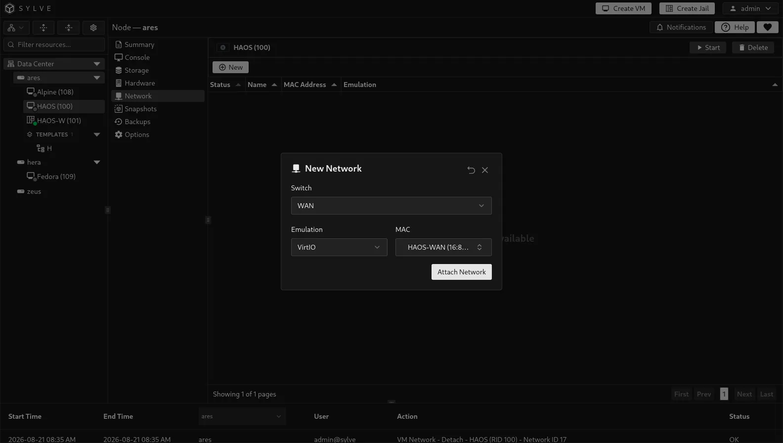 New Network dialog with a selected switch, VirtIO emulation, and automatic MAC address creation