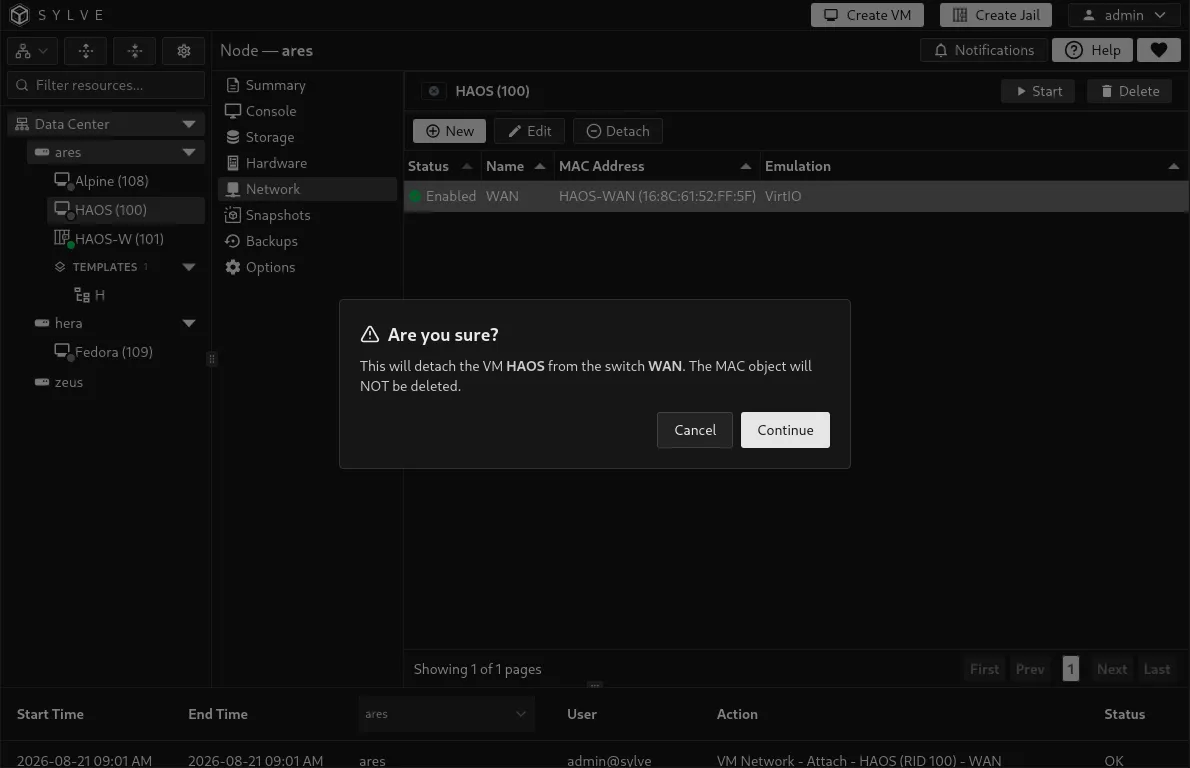 Detach confirmation naming the VM interface’s connected switch