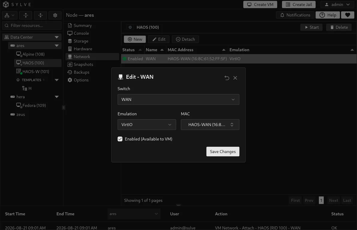 Edit Network dialog with a selected switch, MAC object, emulation model, and Enabled setting