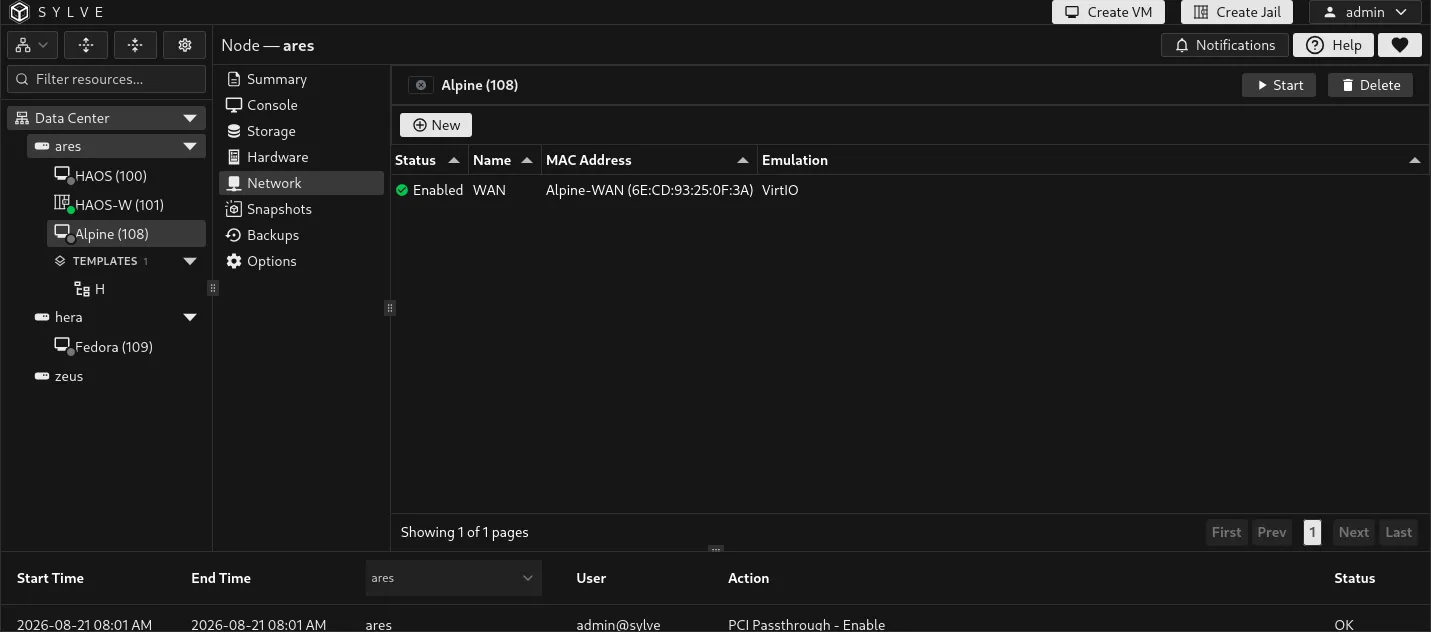 VM Network tab showing attached interfaces, their status, switches, MAC addresses, and emulated NIC models