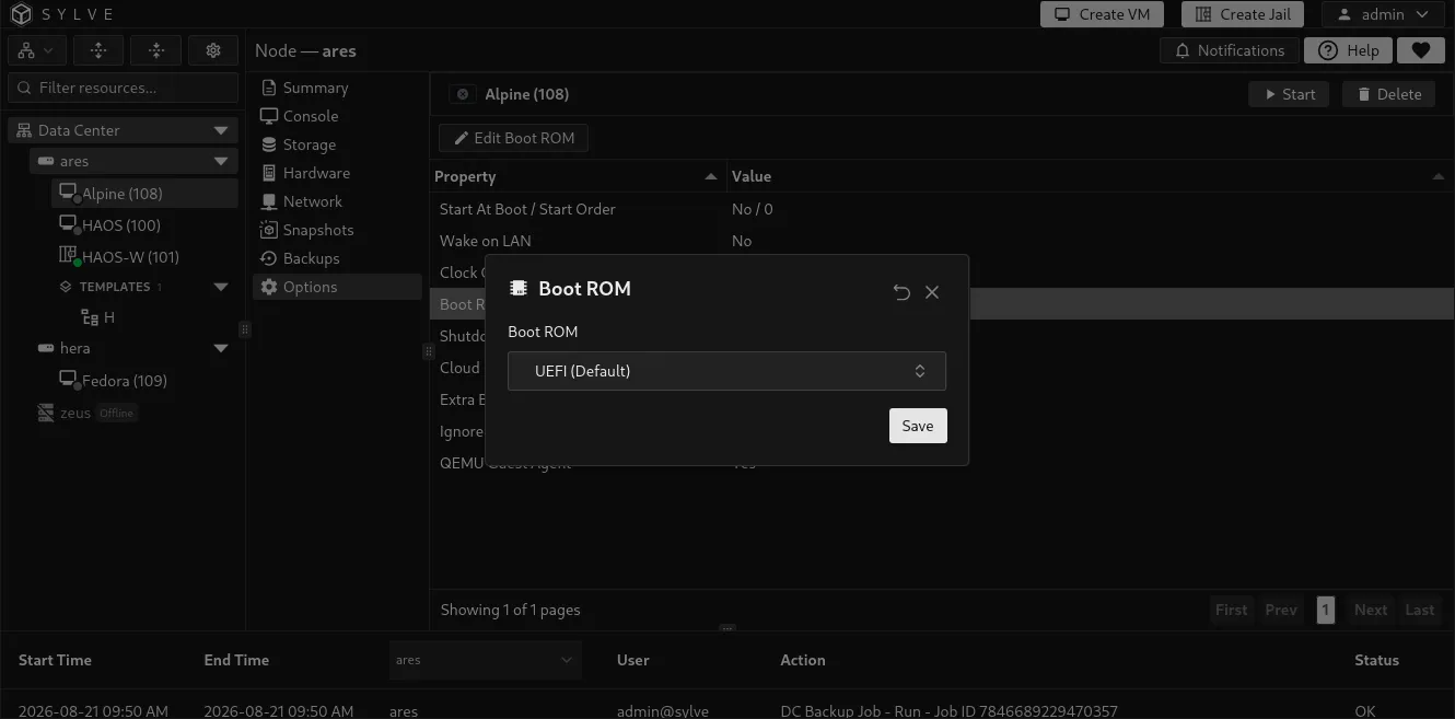 Boot ROM editor showing the firmware choices available on the node architecture