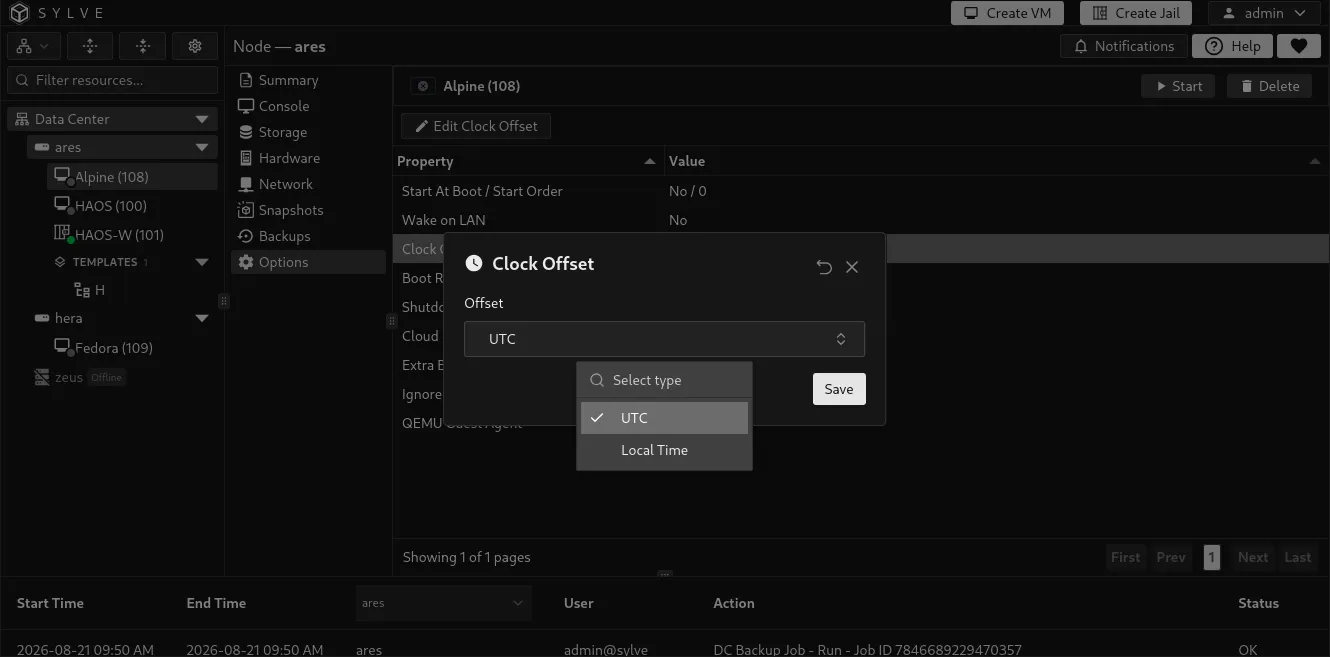 Clock Offset editor showing UTC and Local Time choices